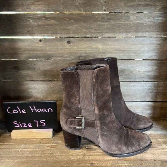 Womens Cole Haan Brown Suede Block Heeled Ankle Boots Booties Size 7.5 B GUC‎ - Picture 1 of 6